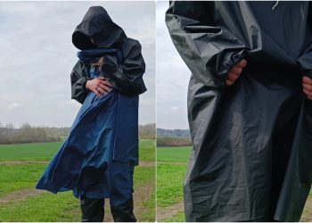 Caperlan Knee Length Poncho with the Blue in Light Wind, on the Dam
